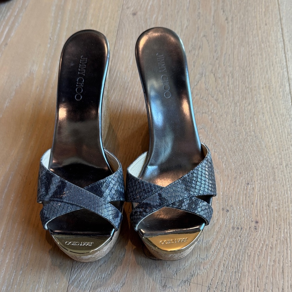 Jimmy Choo Black and Gold Snakeskin Heels